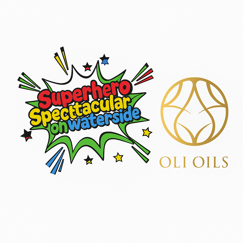 "Superhero Spectacular and OLI OILS collaboration banner on white background