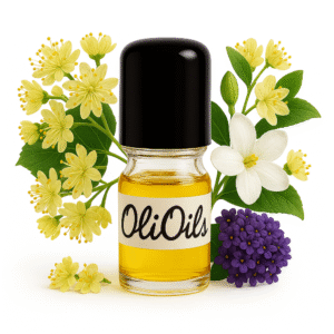 Perfume oil in the bottle, black cup. Tillia blossom jasmine and heliotrope around bottle.