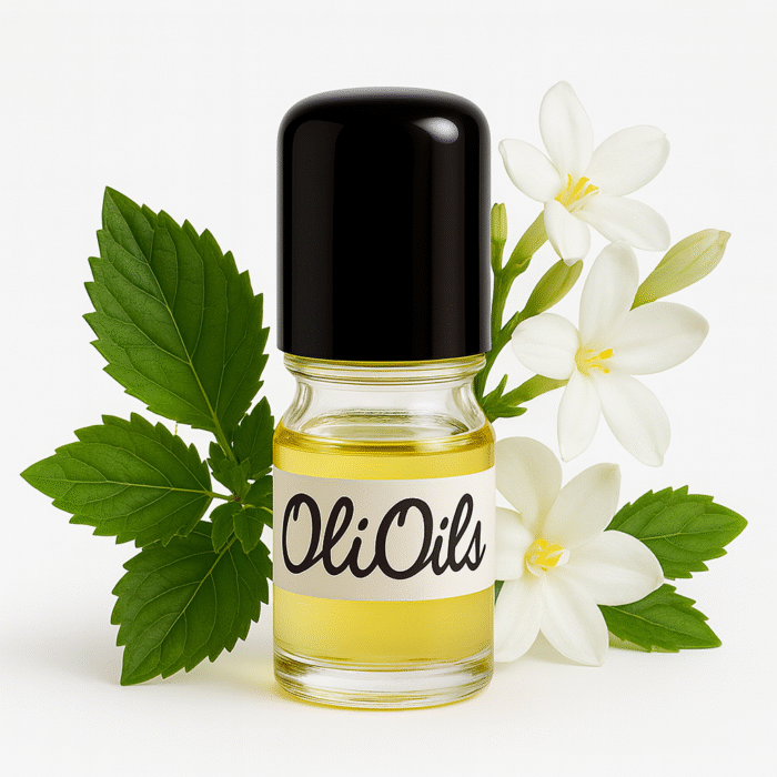 perfume oils bottle with patchouli and white flowwers