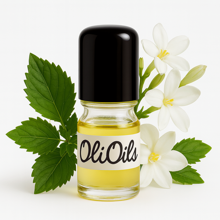 perfume oils bottle with patchouli and white flowwers